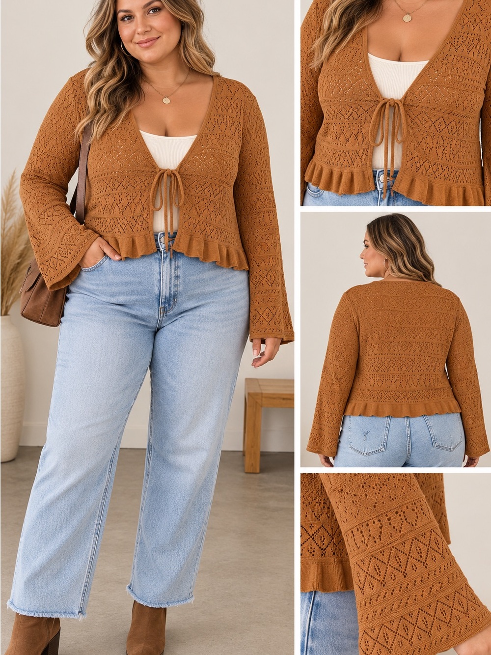NWT BP. Pointelle Tie-Front Cardigan in warm Tan Sugar brown Long Sleeve 2X